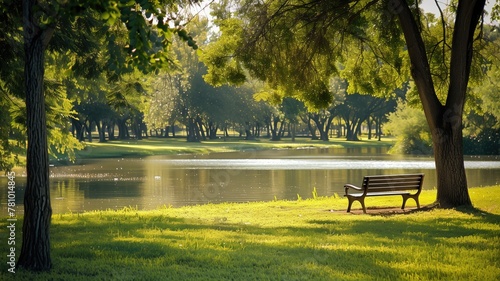 Serene park scene with bench overlooking calm lake surrounded by lush green trees bathed in warm sunlight photo