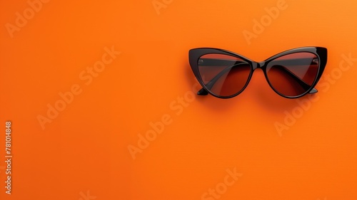 Pair of stylish sunglasses lying on bright orange background creating minimalist fashion concept