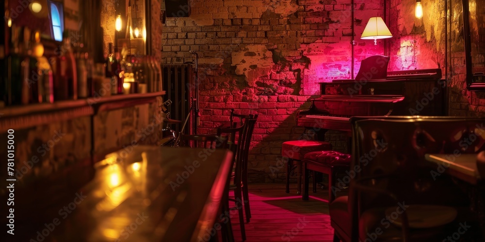 Fototapeta premium A dimly lit bar with a brick wall and a neon sign. The bar is empty and the only people visible are the ones in the background