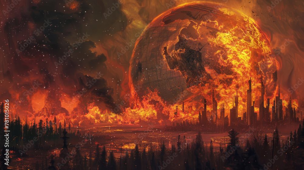 Artistic rendition of a burning globe, flames consuming forests and cities alike,