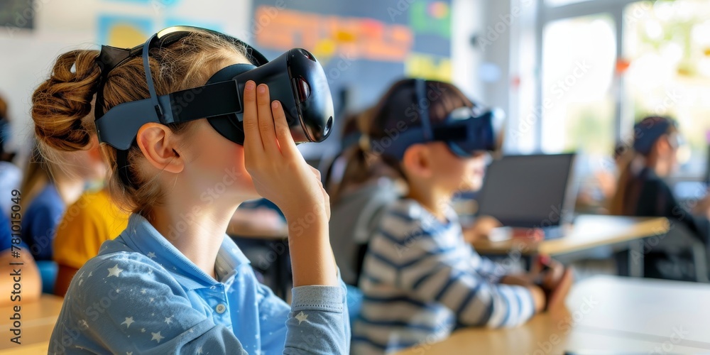 A girl wearing a virtual reality headset is sitting at a desk with other children. The scene is set in a classroom, and the children are likely participating in a VR activity