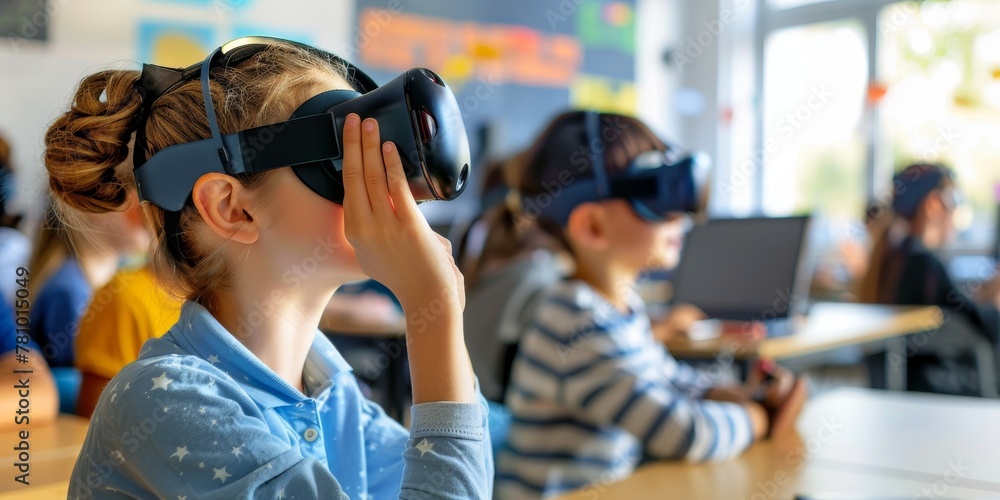 A girl wearing a virtual reality headset is sitting at a desk with other children. The scene is set in a classroom, and the children are likely participating in a VR activity A girl wearing a virtual reality headset is sitting at a desk with other children. The scene is set in a classroom, and the children are likely participating in a VR activity