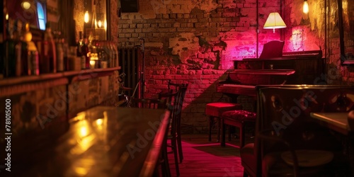 A dimly lit bar with a brick wall and a neon sign. The bar is empty and the only people visible are the ones in the background photo