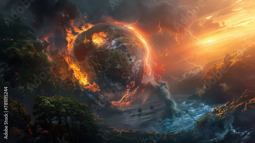 Concept art depicting the clash between nature's resilience and human obstinacy, with the planet engulfed in a fiery struggle, photo