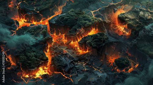 Concept art of a fractured world map, the fissures filled with the glow of wildfires and industrial pollution,