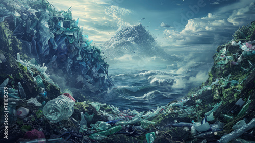 Concept art of a world wrapped in plastic, oceans and landscapes suffocating under a layer of synthetic waste, photo