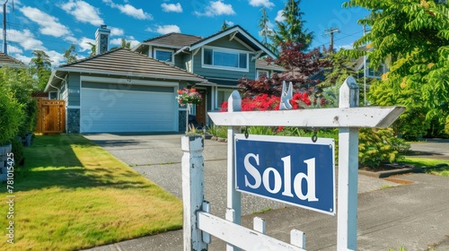 A "Sold" sign in front of a charming suburban house, indicating a successful transaction.