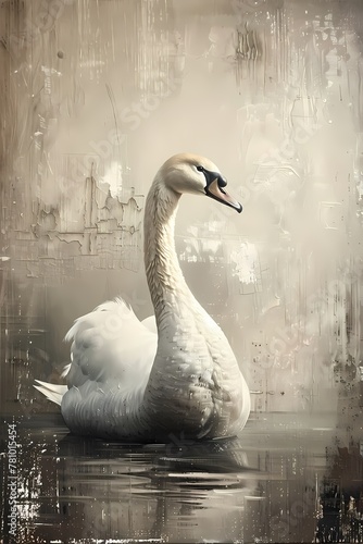 Fototapeta Naklejka Na Ścianę i Meble -  Oil painting digital art prints wall art features white swan swimming in the pond, farmhouse decor, nature theme