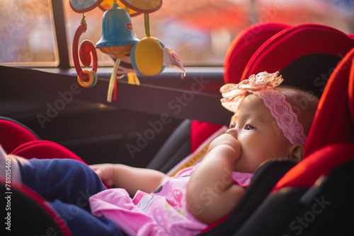 Asian Toddler Girl seats peacefully in her red carseat. On her head, she wears a pink headband with a flower on it all happening during sunrise or sunset. While looking at her toy.
