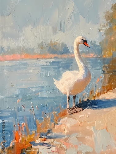 Fototapeta Naklejka Na Ścianę i Meble -  Oil painting digital art prints wall art features white swan swimming in the pond, farmhouse decor