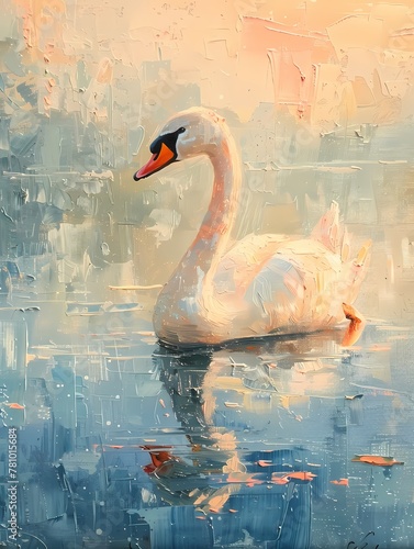 Fototapeta Naklejka Na Ścianę i Meble -  Oil painting digital art prints wall art features white swan swimming in the pond, farmhouse decor