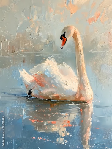 Fototapeta Naklejka Na Ścianę i Meble -  Oil painting digital art prints wall art features white swan swimming in the pond, farmhouse decor