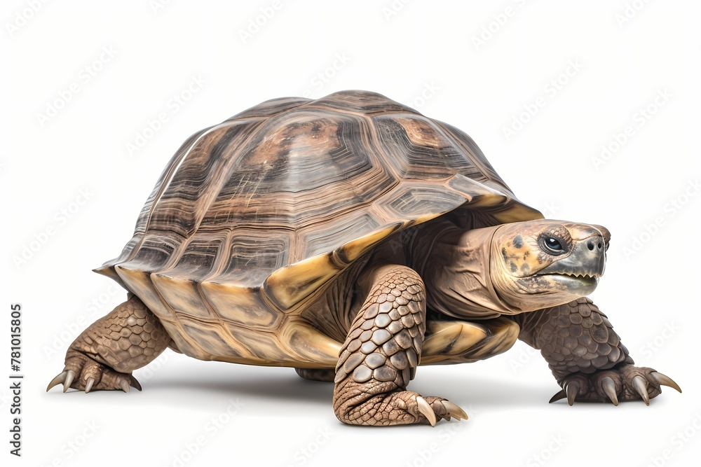 Wise old tortoise basking in the warm sunlight, ancient eyes reflecting the passage of time, isolated on white solid background