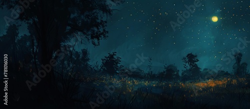 Captivating artwork depicting a tranquil night sky filled with stars shining over a dense woodland photo