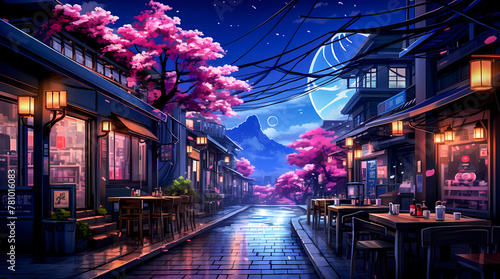 Serene Night Street with Cherry Blossoms and Mountain View photo