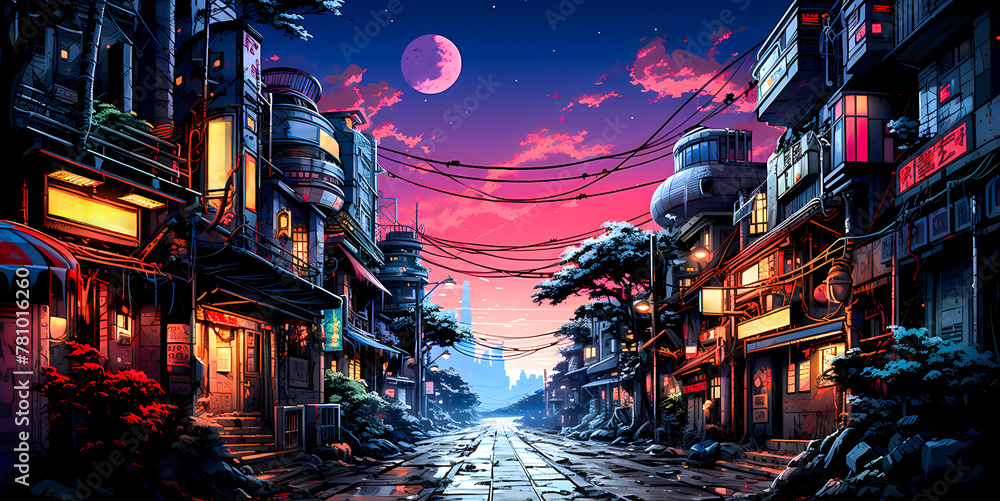 Neon Twilight in Traditional Eastern City Street illustration
