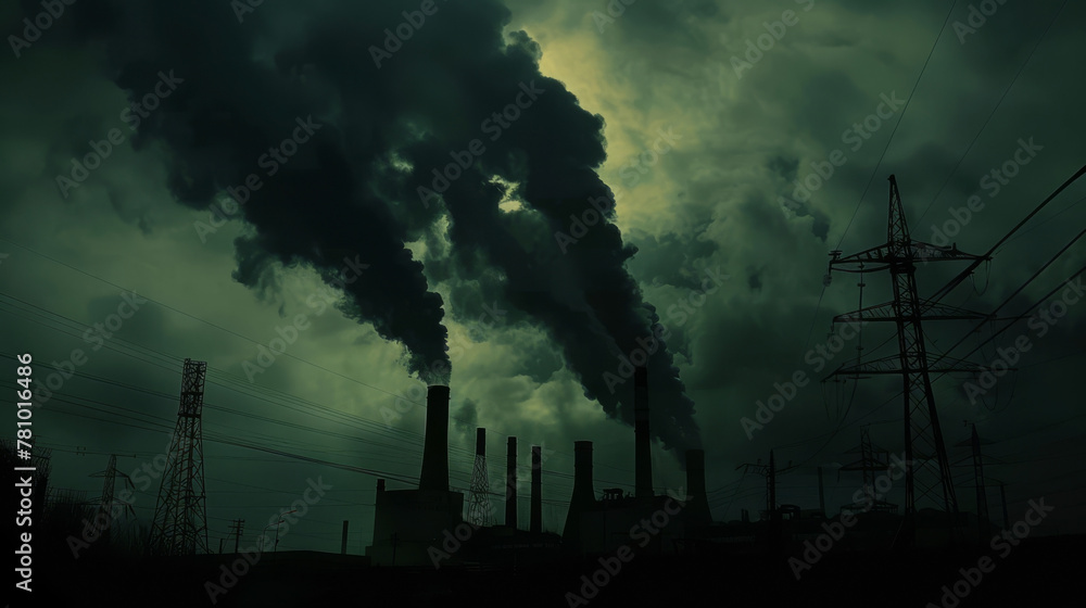 Dark silhouette of a power plant, with emissions forming ominous shapes against a polluted sky,