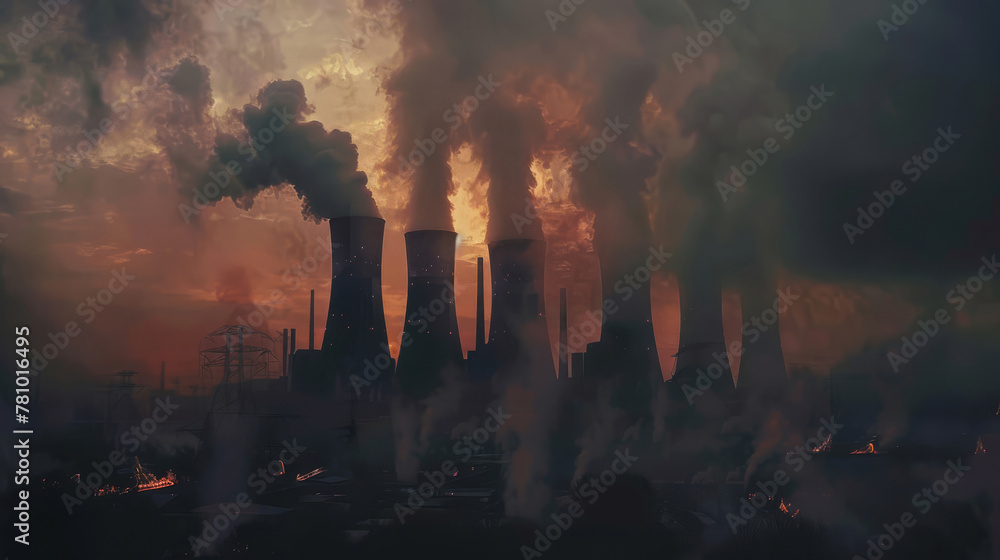 Dark silhouette of a power plant, with emissions forming ominous shapes against a polluted sky,