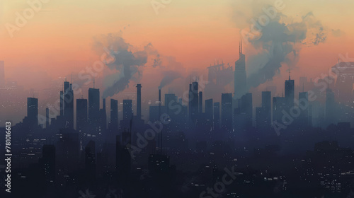 Darkened skyline of major cities, with landmarks obscured by the effects of pollution and smog,