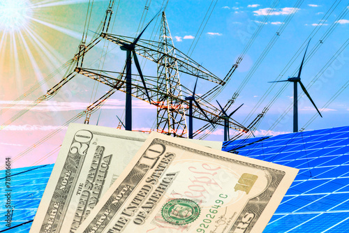 Dollar banknotes and electricity from wind and sun