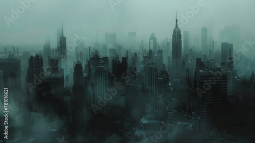 Darkened skyline of major cities, with landmarks obscured by the effects of pollution and smog, #781016621