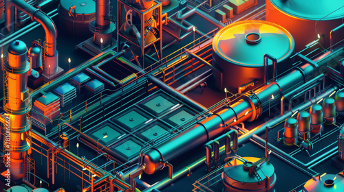 Detailed illustration of the distillation process within a refinery, breaking crude oil into components,