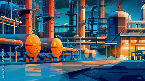 Detailed illustration of the distillation process within a refinery, breaking crude oil into components,