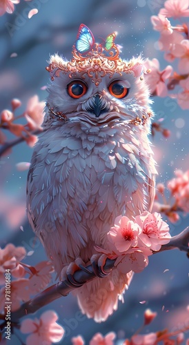 Oil painting  features two owl on a cherry blossom branch wall art,  vintage farmhouse decor, digital art print, wallpaper, background  photo