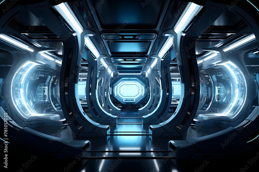 Captivating Futuristic Space Station Interior with Sleek Metallic Corridors and Striking Illumination Captivating Futuristic Space Station Interior with Sleek Metallic Corridors and Striking Illumination