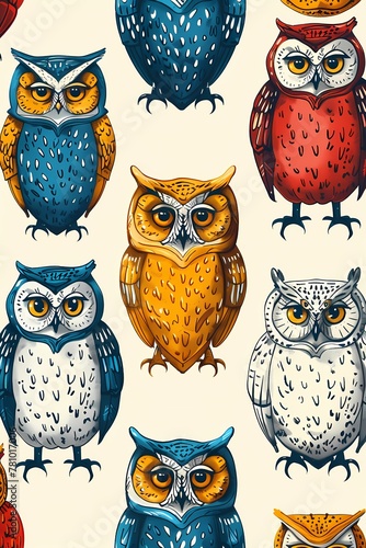 Illustration features a group of  cute owl colorful pattern wall art,  vintage farmhouse decor, digital art print, wallpaper, background  photo