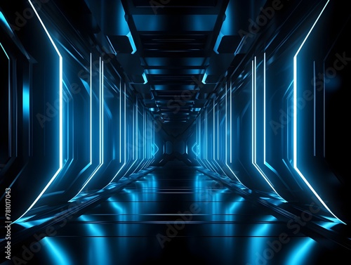 Captivating Futuristic Spaceship Corridor with Glowing Neon Blue Concrete Hallway in Cyberpunk-Inspired Digital Render