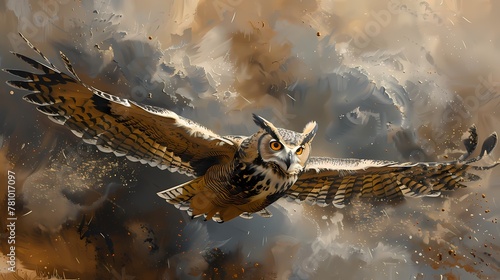 Oil painting features owl flying in the sky wall art,  vintage farmhouse decor, digital art print, wallpaper, background  photo