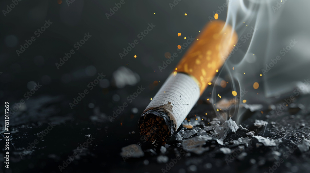 Closeup of a burning cigarette with smoke on a dark background - obrazy, fototapety, plakaty 