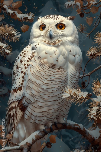 Oil painting features white polar owl during winter background wall art,  vintage farmhouse decor, digital art print, wallpaper, background  photo