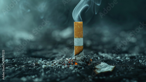 Closeup of a burning cigarette with smoke on a dark background