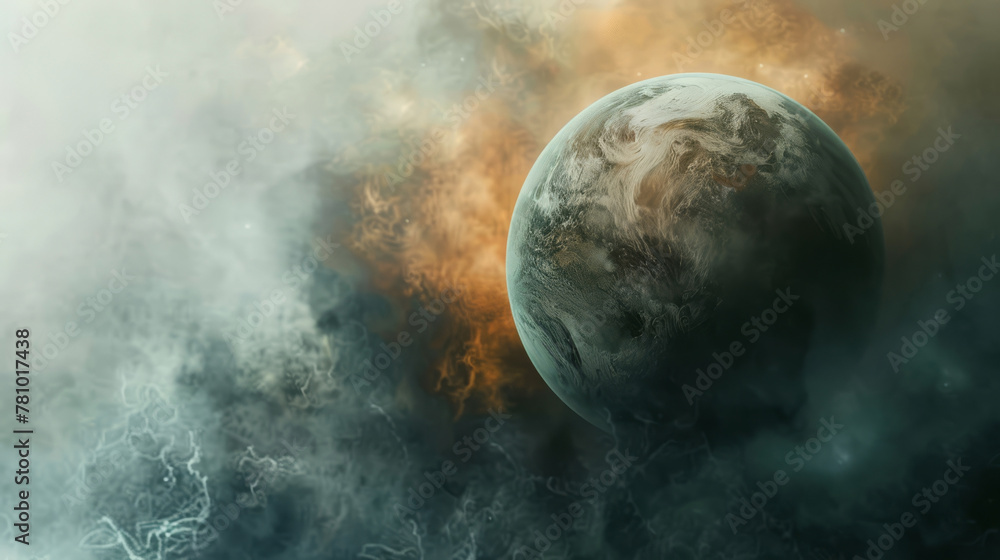Dynamic graphic of a planet wrapped in thick smog, barely discernible landmasses beneath, - obrazy, fototapety, plakaty 