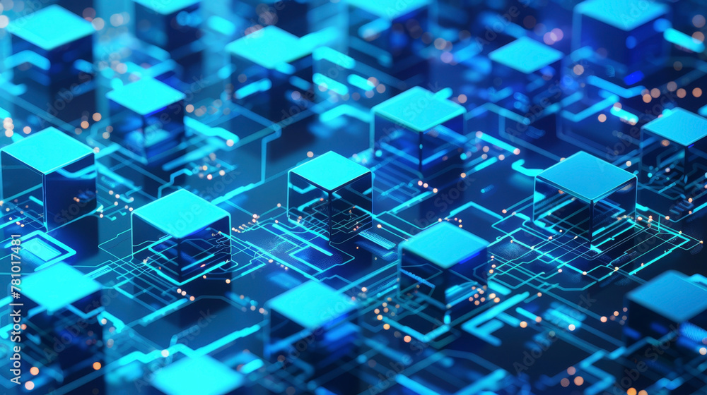 Obraz premium Dynamic infographic of a blockchain network, visualized with interconnected blue blocks of data,