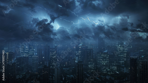 Dynamic graphic of thunderstorms supercharged by climate change, casting dark shadows over urban landscapes, photo