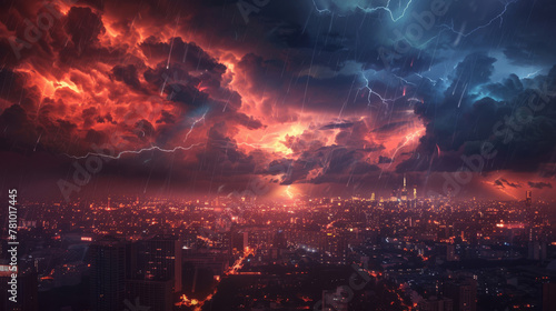 Dynamic graphic of thunderstorms supercharged by climate change, casting dark shadows over urban landscapes, photo