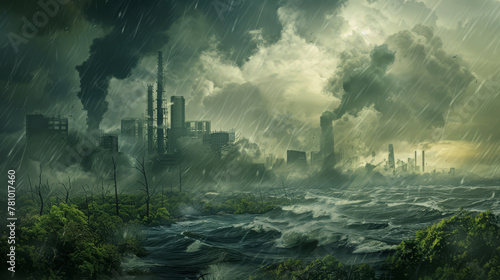 Dynamic image of a storm-ravaged Earth, with the forces of nature unleashed by climate change toppling towers of industry, photo