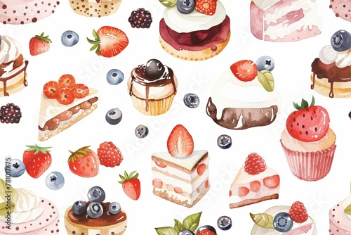 A seamless watercolor pattern featuring Desserts designs on a white background. 