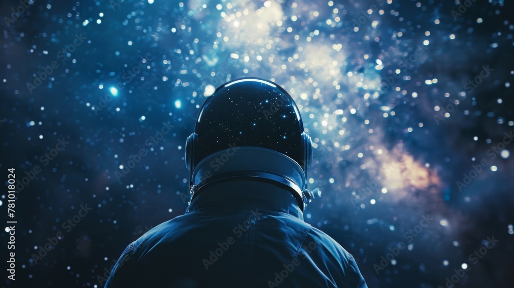 A space travelers back is towards us face obscured by helmet as they peer into the vastness of space marveling at the . . - obrazy, fototapety, plakaty 