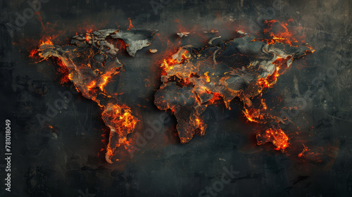 High-tech image of a scorched world map, with areas of conflict and exploitation highlighted in the glow of fires, photo