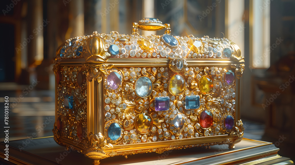 A gold suitcase covered in gems sits on a gold pedestal in a dimly lit room.