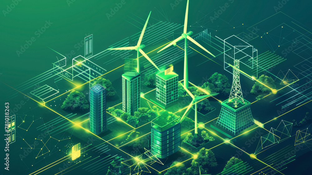 Fototapeta premium Graphical representation of the energy consumption in blockchain networks, with renewable solutions,
