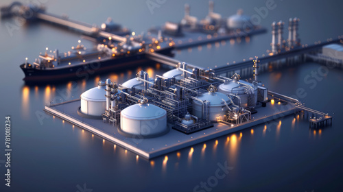Graphic representation of an LNG (Liquefied Natural Gas) terminal, focusing on storage and regasification, photo