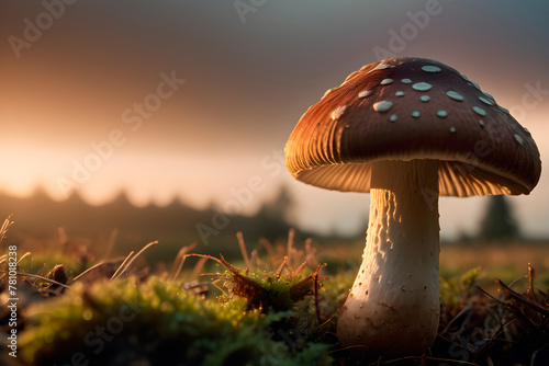 Mushrooms, macro photography photo of mushrooms growing on mossy ground in the wild, lens blurred background in the distance, morning sun shining on the mushrooms, dew, sunlight background material photo