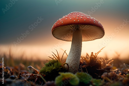 Mushrooms, macro photography photo of mushrooms growing on mossy ground in the wild, lens blurred background in the distance, morning sun shining on the mushrooms, dew, sunlight background material
