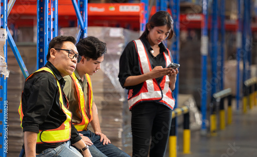 Group of warehouse employee rest comfortably during work