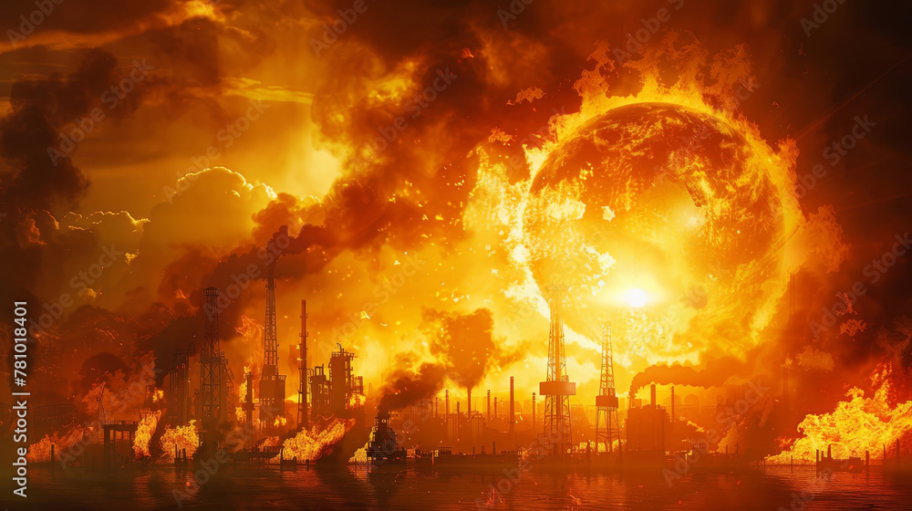 High-resolution image of a globe engulfed in flames, with oil rigs and factories silhouetted against the inferno, High-resolution image of a globe engulfed in flames, with oil rigs and factories silhouetted against the inferno,